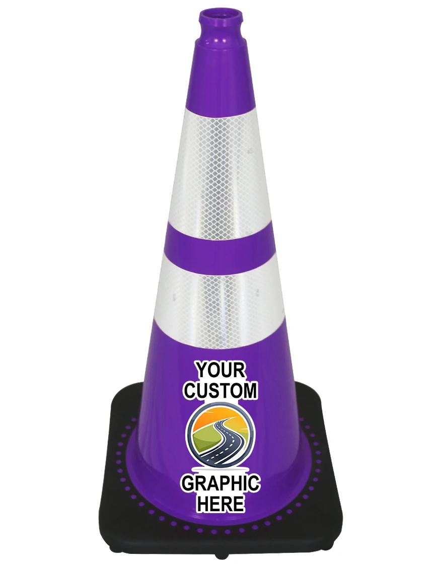 Purple 28\" Traffic Cone w/ 6\" \u0026 4\" Reflective Collars w/ Full Color Graphic