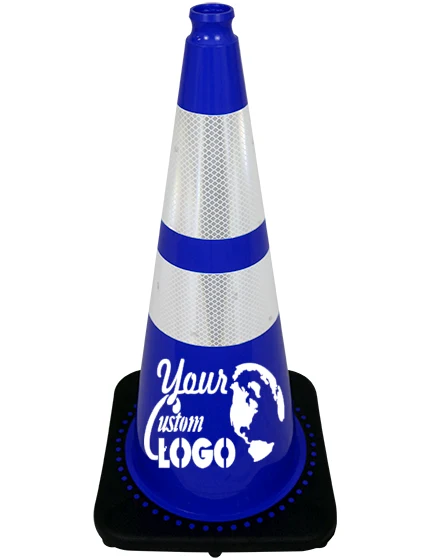 28 inch Blue Traffic Cone w/6\" \u0026 4\" Reflective Collars with Single Color Graphic