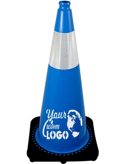 Light Blue 28 inch 7 lbs JBC Black Base Traffic Cone with 6\" Reflective Collar with Single Color Graphic