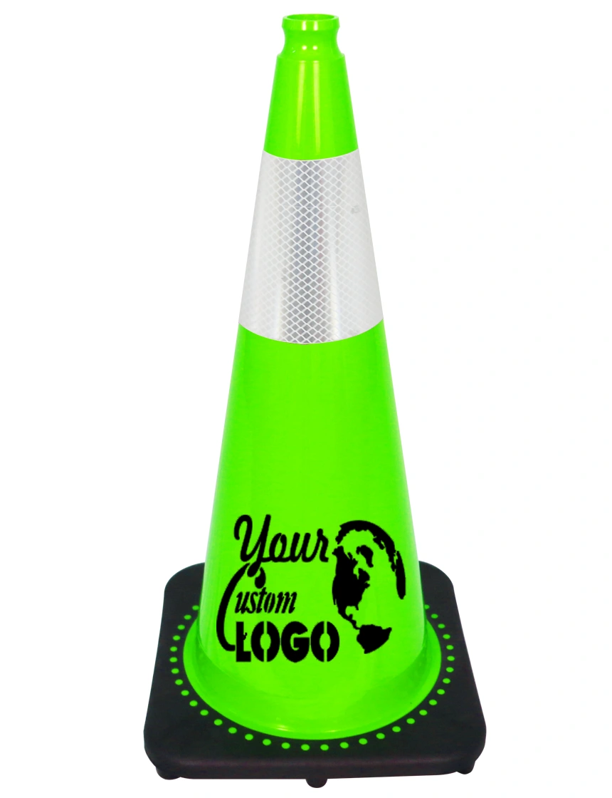 Lime 28 inch 7 lbs JBC Black Base Traffic Cone with 6\" Reflective Collar with Single Color Graphic