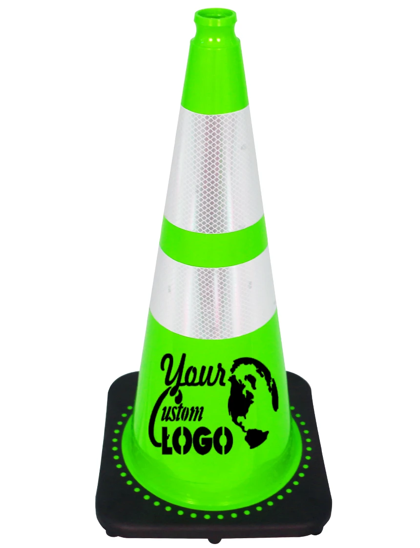 Lime 28 inch 7 lbs JBC Black Base Traffic Cone with 6\" \u0026 4\" Reflective Collars with Single Color Graphic