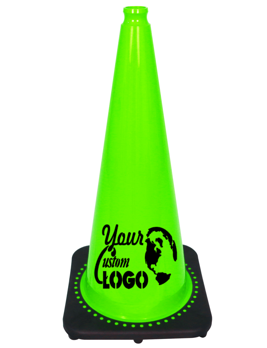 Lime 28 inch 7 lbs JBC Black Base Traffic Cone with Single Color Graphic
