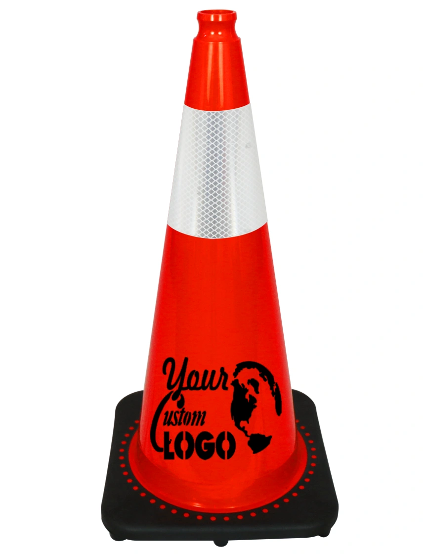 Orange 28 inch 7 lbs JBC Black Base Traffic Cone with 6\" Reflective Collar with Full Color Graphic