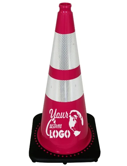 28 inch Pink Traffic Cone w/6\" \u0026 4\" Reflective Collars with Single Color Graphic
