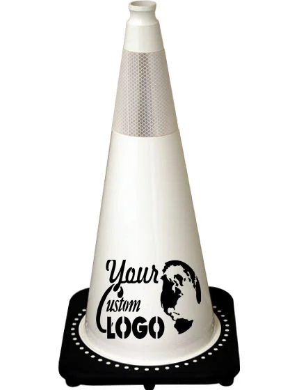 White 28 inch 7 lbs JBC Black Base Traffic Cone with 6\" Reflective Collar with Single Color Graphic