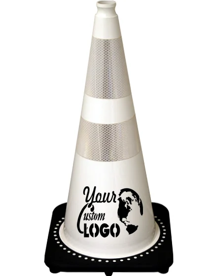 White 28 inch 7 lbs JBC Black Base Traffic Cone with 6\" \u0026 4\" Reflective Collars with Single Color Graphic