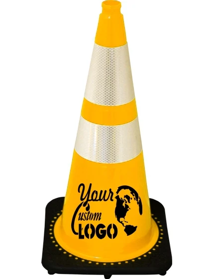 Yellow 28 inch 7 lbs JBC Black Base Traffic Cone with 6\" \u0026 4\" Reflective Collars with Single Color Graphic