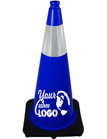 Blue 28 inch 7 lbs JBC Black Base Traffic Cone with 6\" Reflective Collar with Single Color Graphic