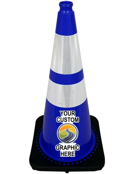 28 inch Blue Traffic Cone w/6\" \u0026 4\" Reflective Collars with Full Color Graphic