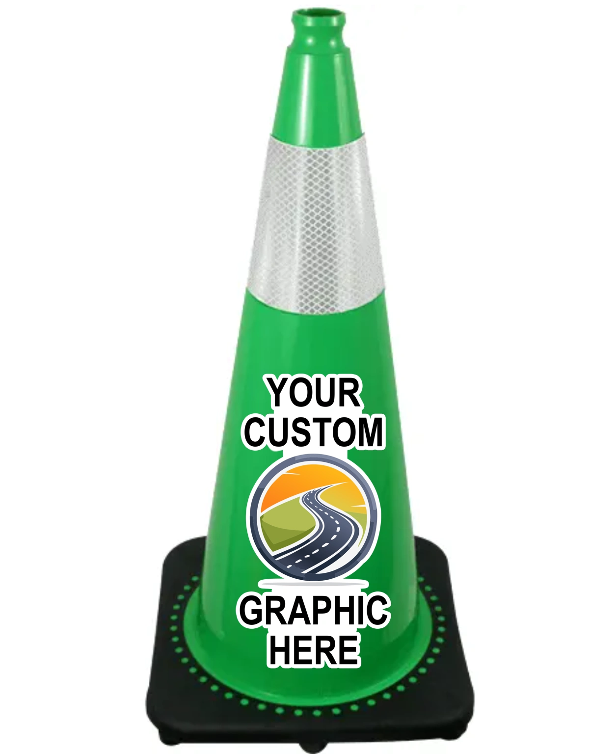 Green 28 inch 7 lbs JBC Black Base Traffic Cone with 6\" Reflective Collar with Full Color Graphic