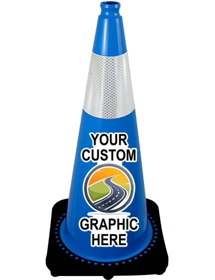 Light Blue 28 inch 7 lbs JBC Black Base Traffic Cone with 6\" Reflective Collar with Full Color Graphic