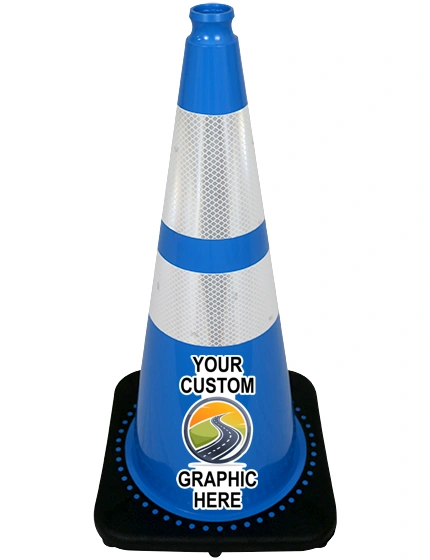 28 inch Light Blue Traffic Cone w/6\" \u0026 4\" Reflective Collars with Full Color Graphic