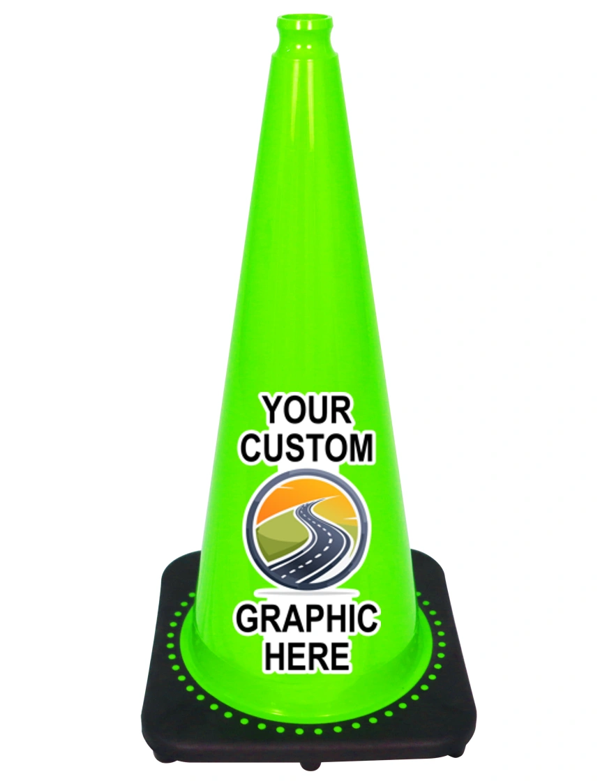 Lime 28 inch 7 lbs JBC Black Base Traffic Cone with Full Color Graphic