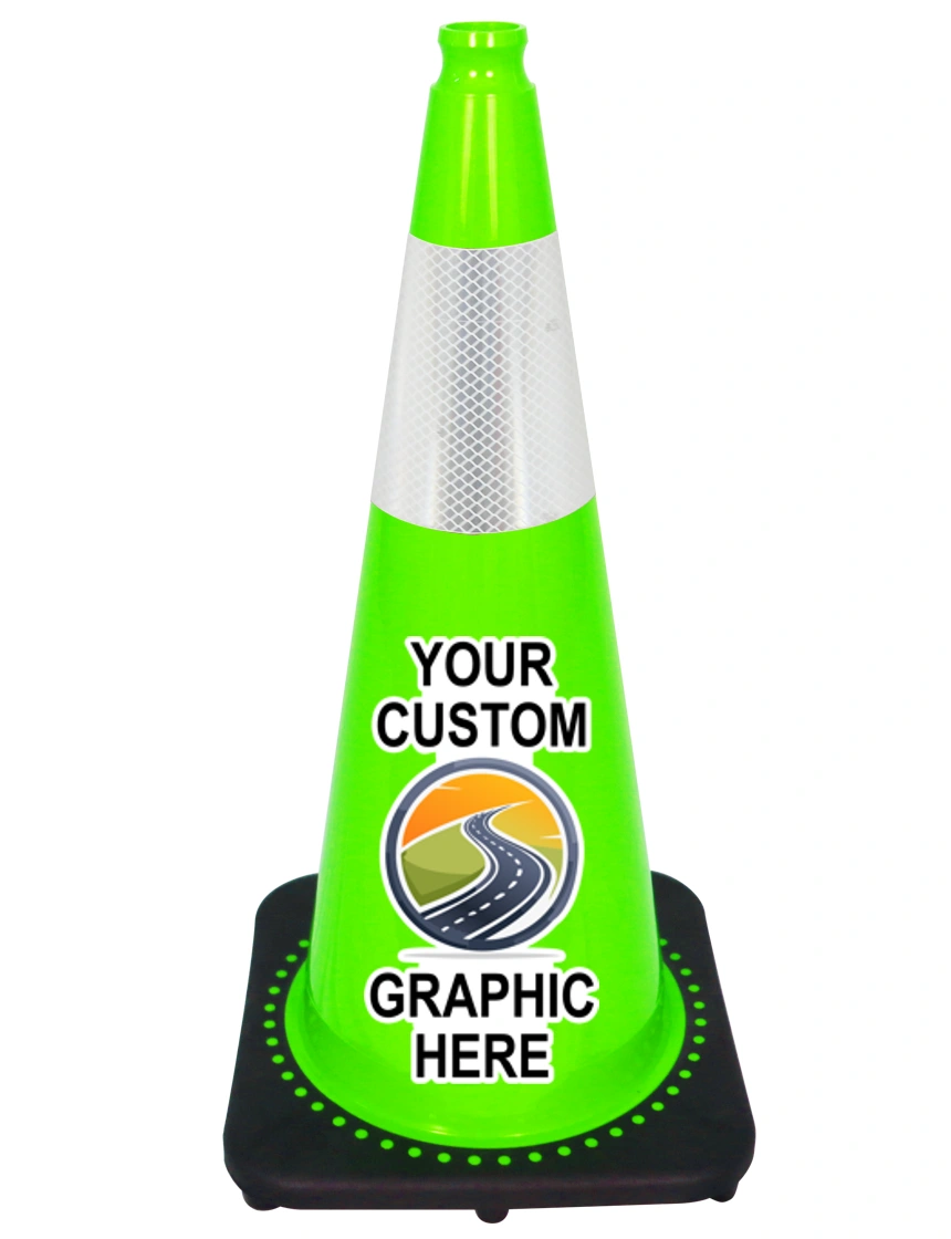 Lime 28 inch 7 lbs JBC Black Base Traffic Cone with 6\" Reflective Collar with Full Color Graphic