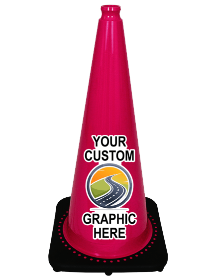 Pink 28 inch 7 lbs JBC Black Base Traffic Cone with Full Color Graphic