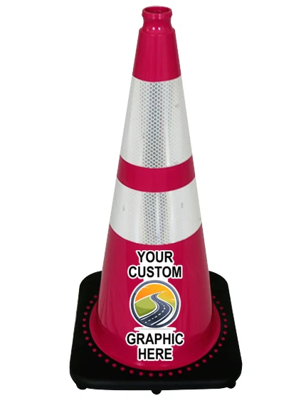 28 inch Pink Traffic Cone w/6\" \u0026 4\" Reflective Collars with Full Color Graphic