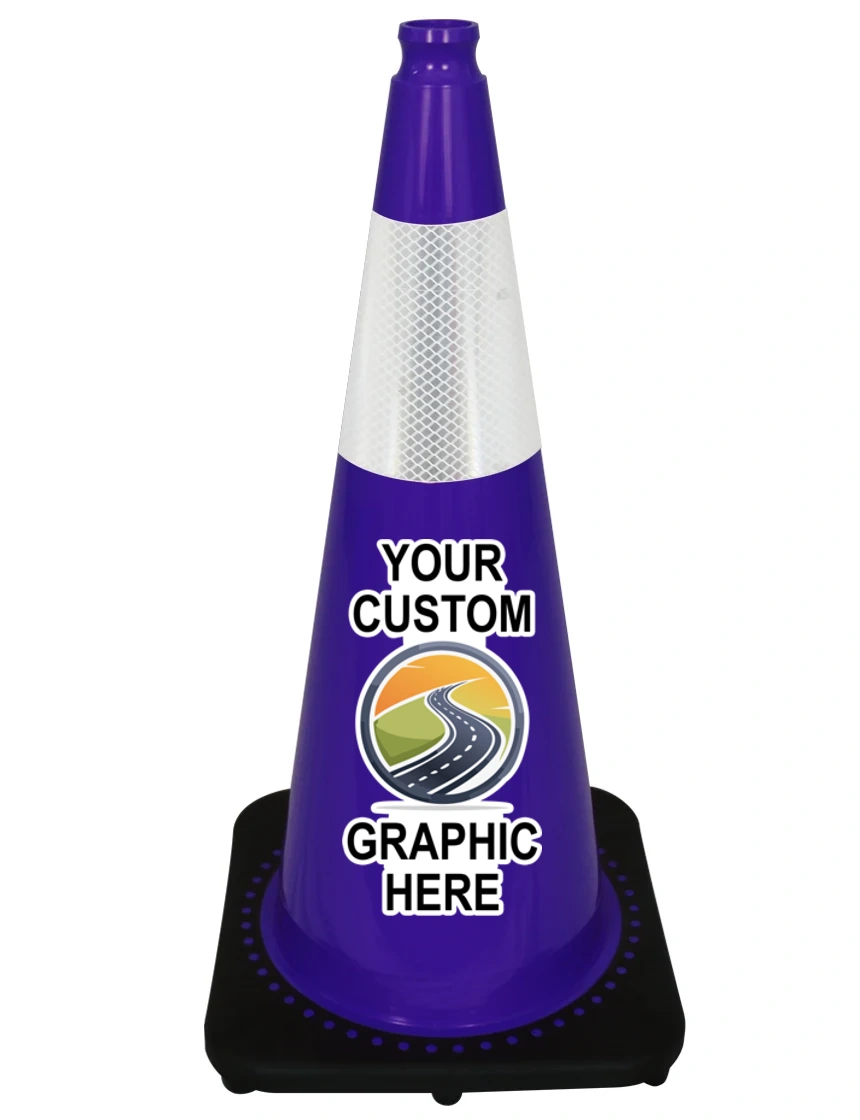 Purple 28\" 7 lbs JBC Black Base Traffic Cone w/ 6\" Reflective Collar w/ Full Color Graphic