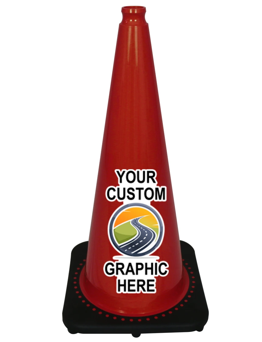 Red 28 inch JBC Traffic Cone with Full Color Graphic
