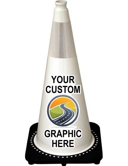 White 28 inch 7 lbs JBC Black Base Traffic Cone with 6\" Reflective Collar with Full Color Graphic