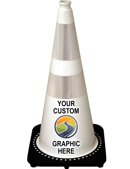 White 28 inch 7 lbs JBC Black Base Traffic Cone with 6\" \u0026 4\" Reflective Collars with Full Color Graphic