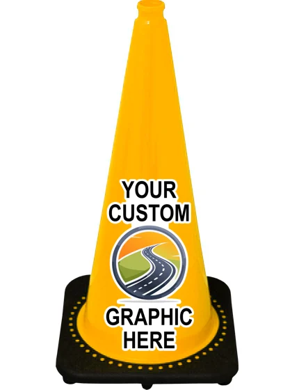 Yellow 28 inch 7 lbs JBC Black Base Traffic Cone with Full Color Graphic