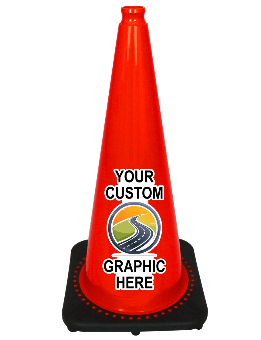 Orange 28 inch 10 lbs JBC Black Base Traffic Cone with Full Color Graphic
