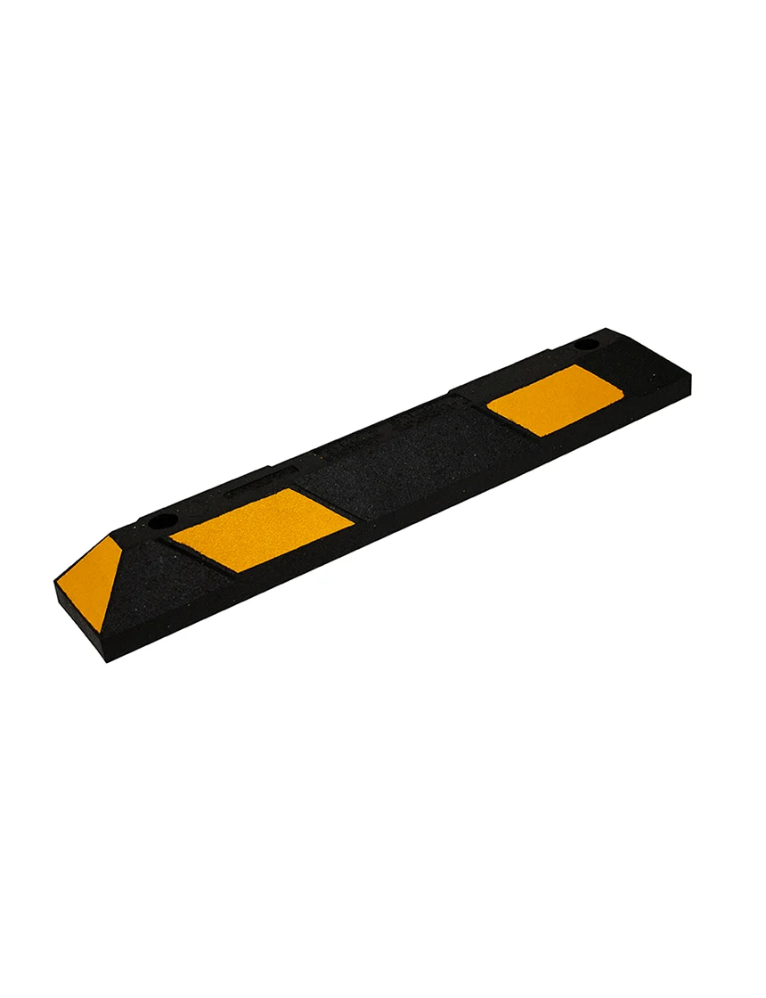 3 ft recycled rubber parking block with hardware 12 in galvanized steel spikes asphalt or gravel black yellow reflective