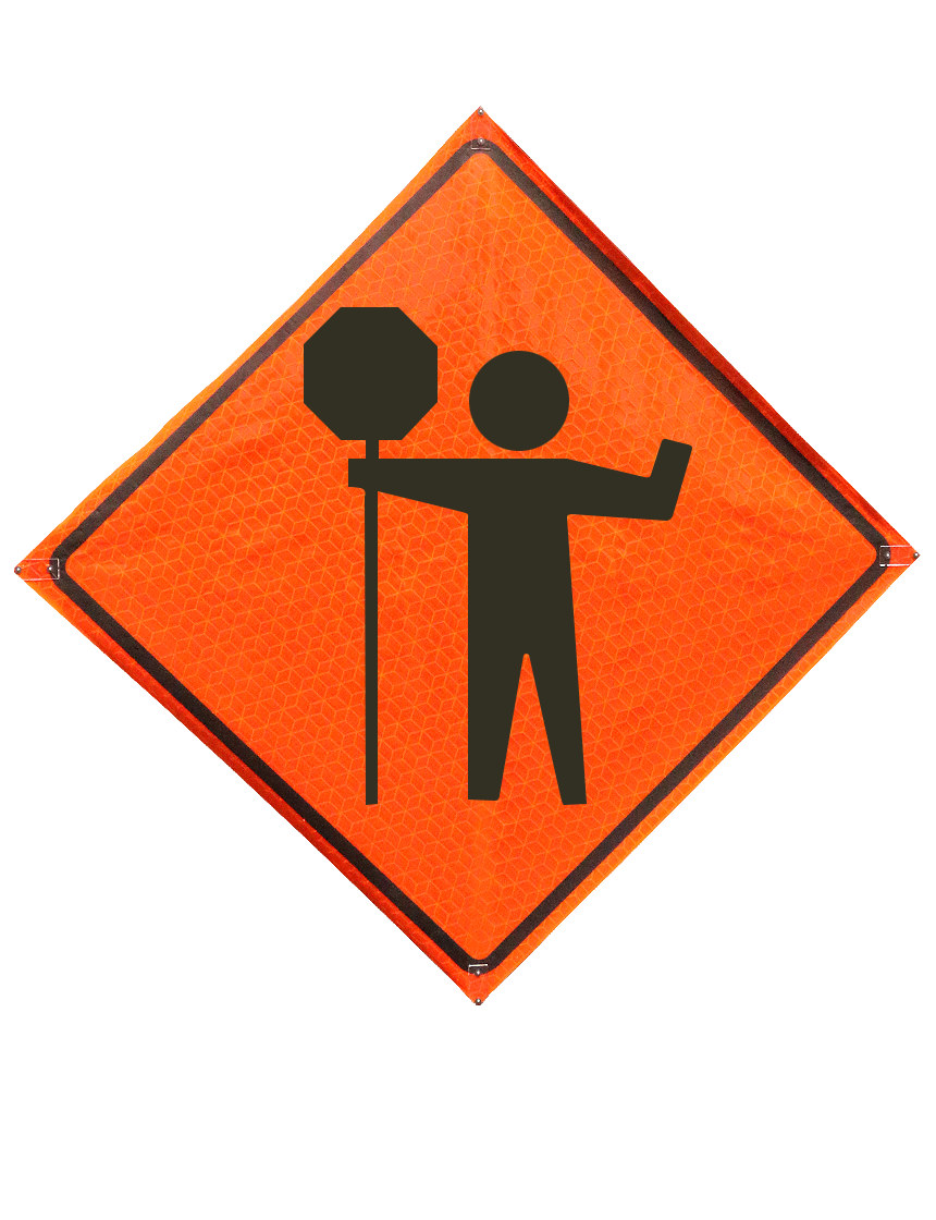 36\", Heavy Duty, Marathon Reflective Roll Up Sign, FLAGGER WITH PADDLE SYMBOL