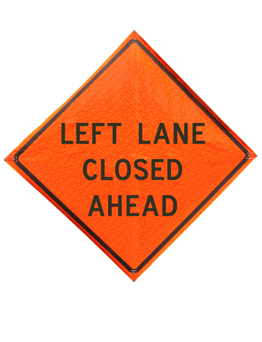 36\", Heavy Duty, Marathon Reflective Roll Up Sign, LEFT LANE CLOSED AHEAD