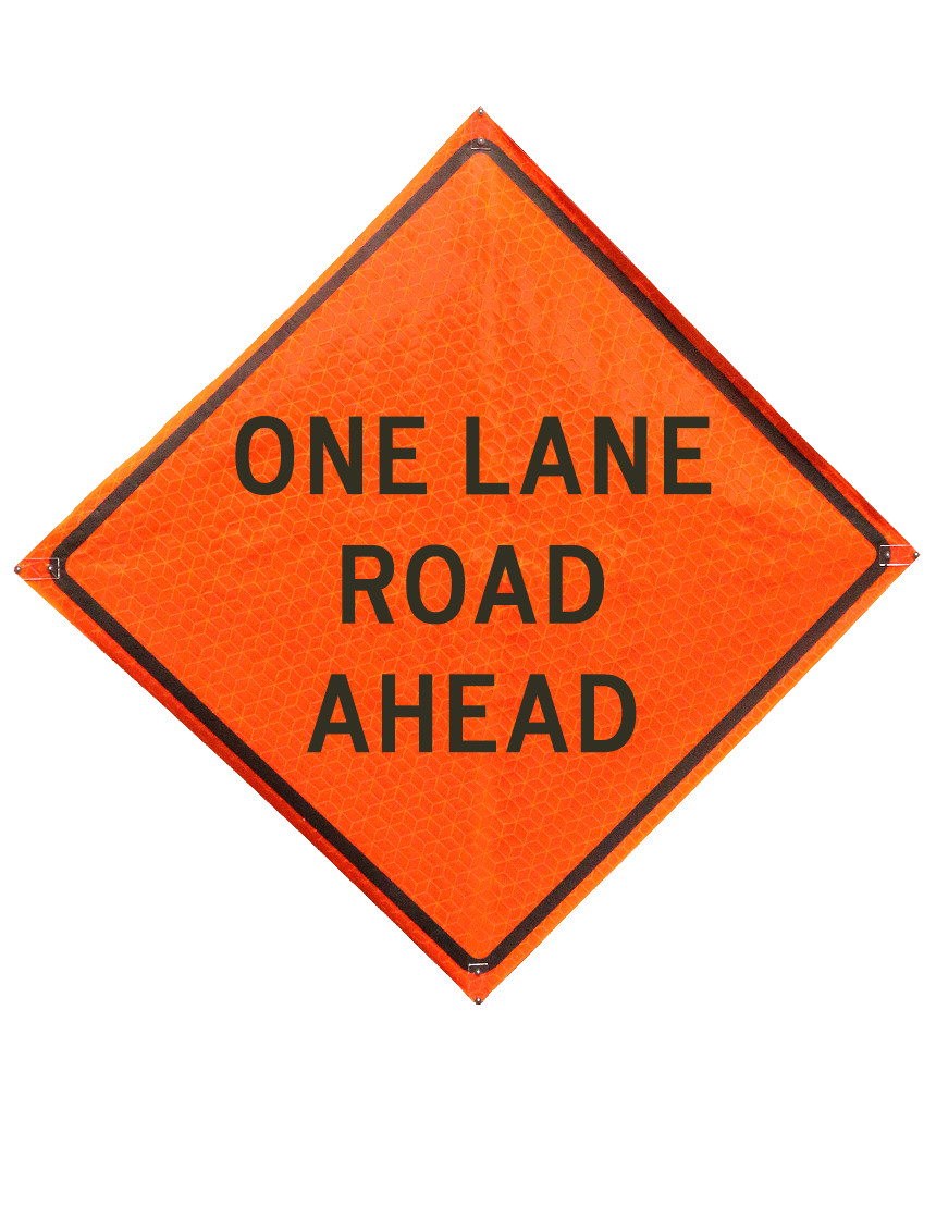 36\", Heavy Duty, Marathon Reflective Roll Up Sign, ONE LANE ROAD AHEAD