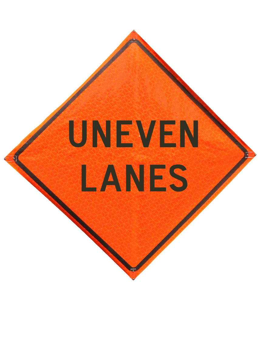 36\", Heavy Duty, Marathon Reflective Roll Up Sign, UNEVEN LANES