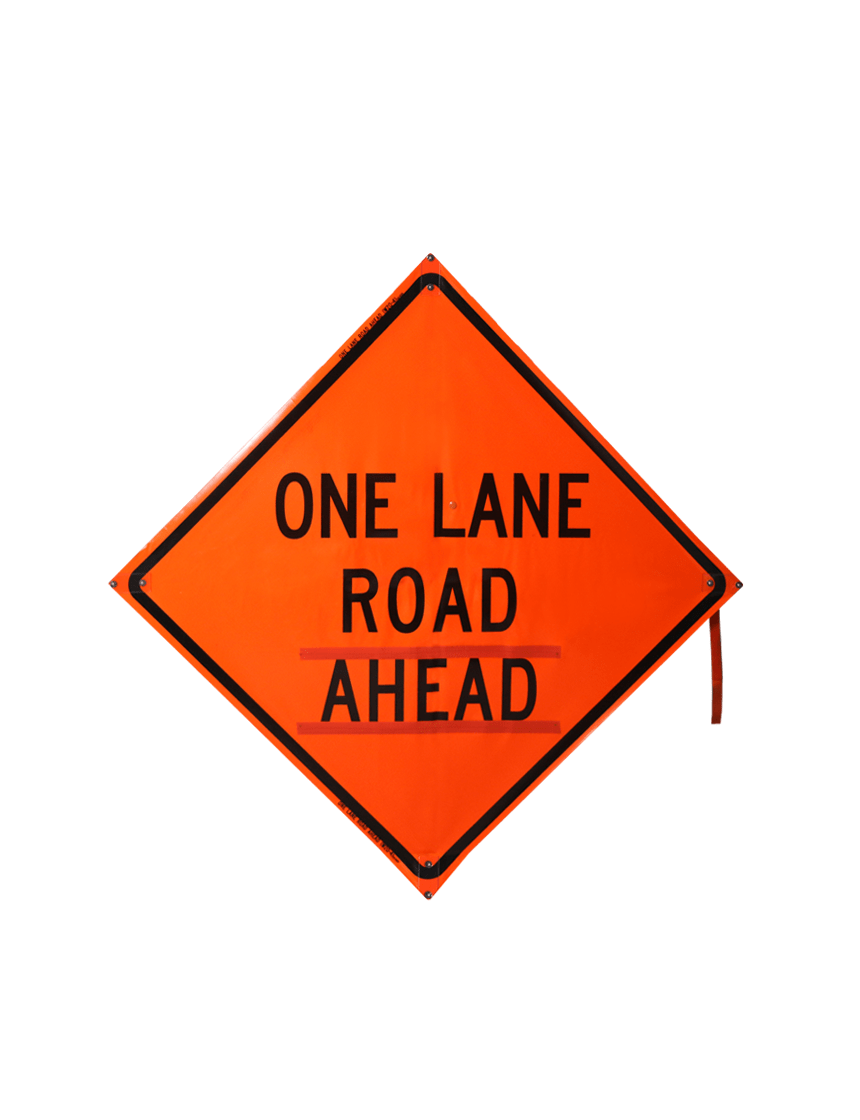 36\", Heavy Duty, Non-Reflective Roll Up Sign w/ Velcro for Overlays, ONE LANE ROAD AHEAD