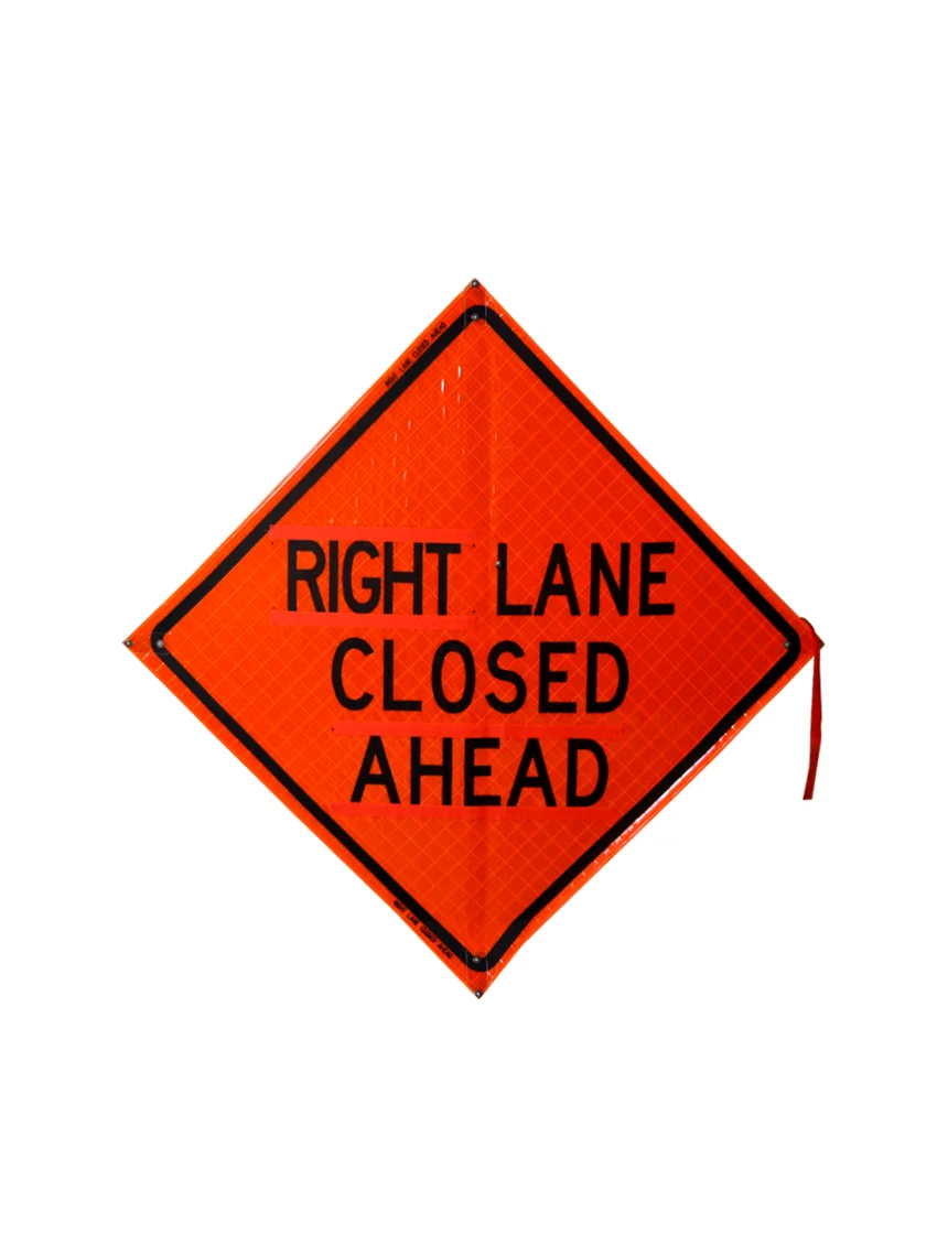 36\", Heavy Duty, Reflective Roll Up Sign w/ Velcro for Overlays, RIGHT LANE CLOSED AHEAD