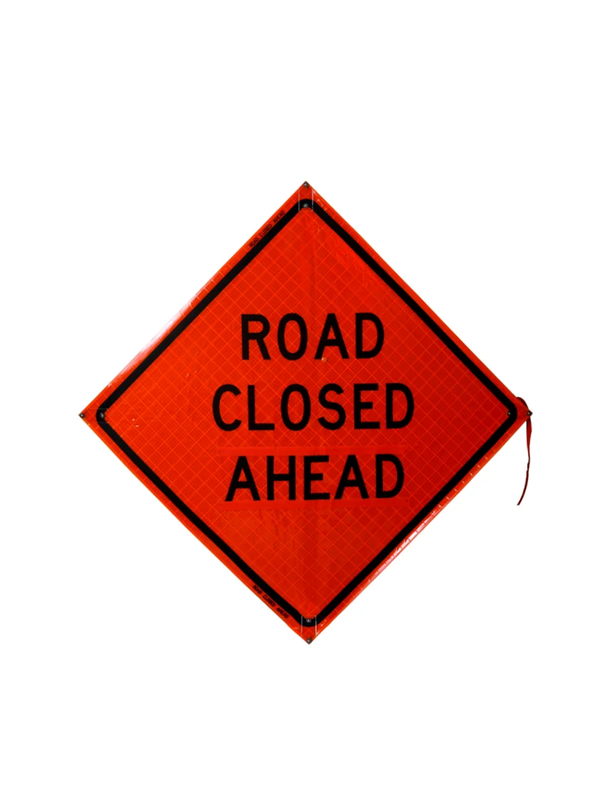 36\", Heavy Duty, Reflective Roll Up Sign w/ Velcro for Overlays, ROAD CLOSED AHEAD