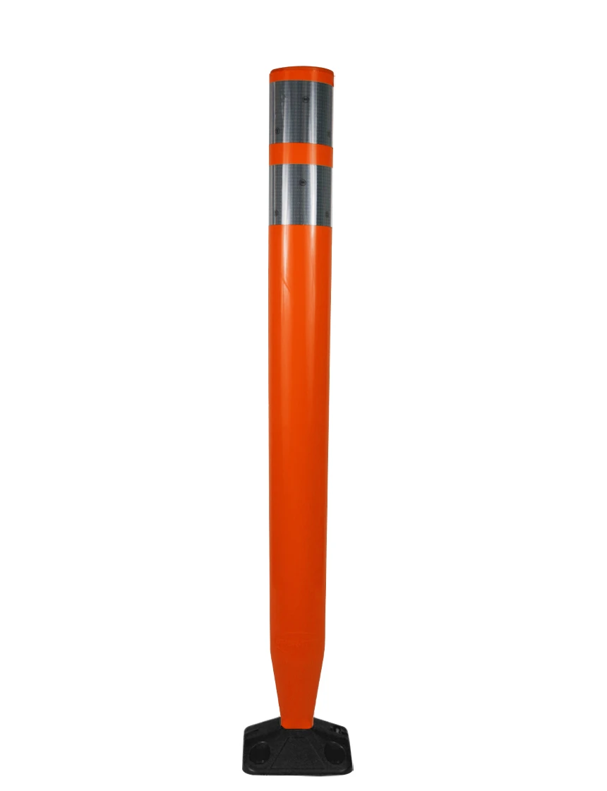 36\" Orange Round \u0027U Flex\u0027 Delineator w/ 2 White Reflective Collars, Adhesive Mounting \u0026 Black Mounting Base