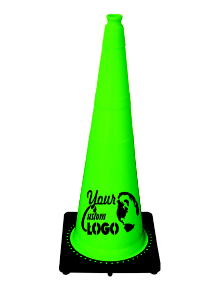 36\" 10 lbs Lime Black Base Traffic Cone with Single Color Graphic