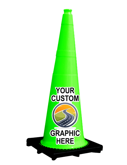 36\" 10 lbs Lime Black Base Traffic Cone with Full Color Graphic