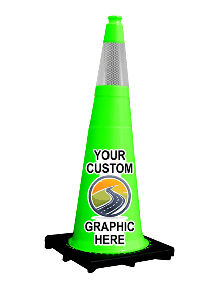 Lime 36\" 10 lbs JBC Black Base Traffic Cone with 6\" Collar with Full Color Graphic