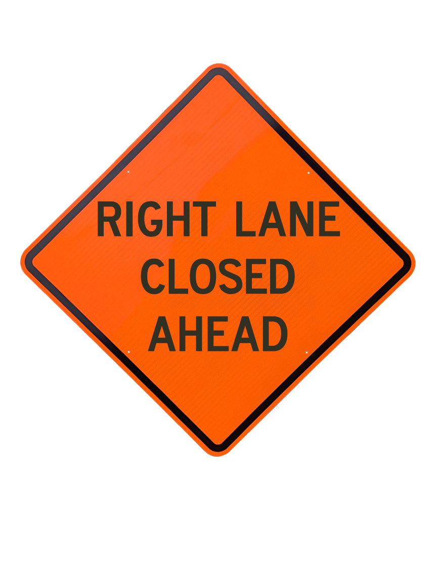 36\", Aluminum, Diamond Grade Reflective Sign, RIGHT LANE CLOSED AHEAD