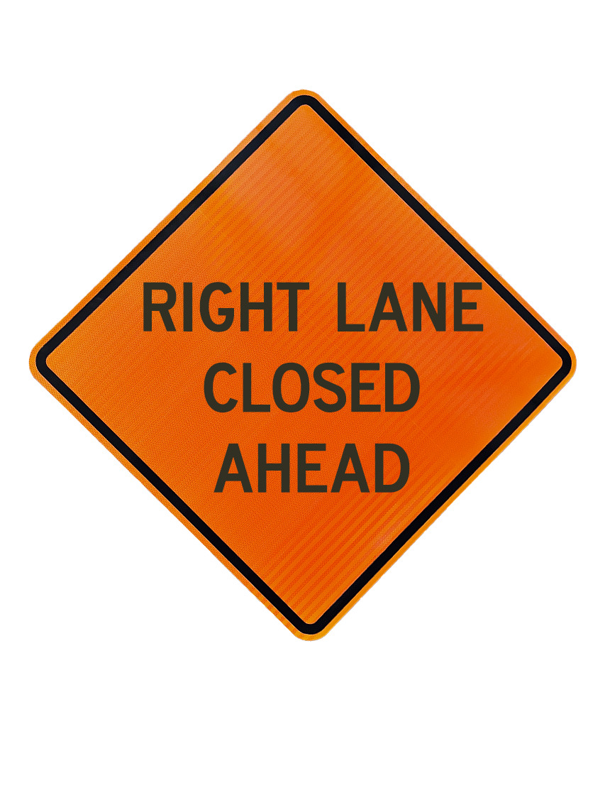 36\", Aluminum, High Intensity Reflective Sign, RIGHT LANE CLOSED AHEAD