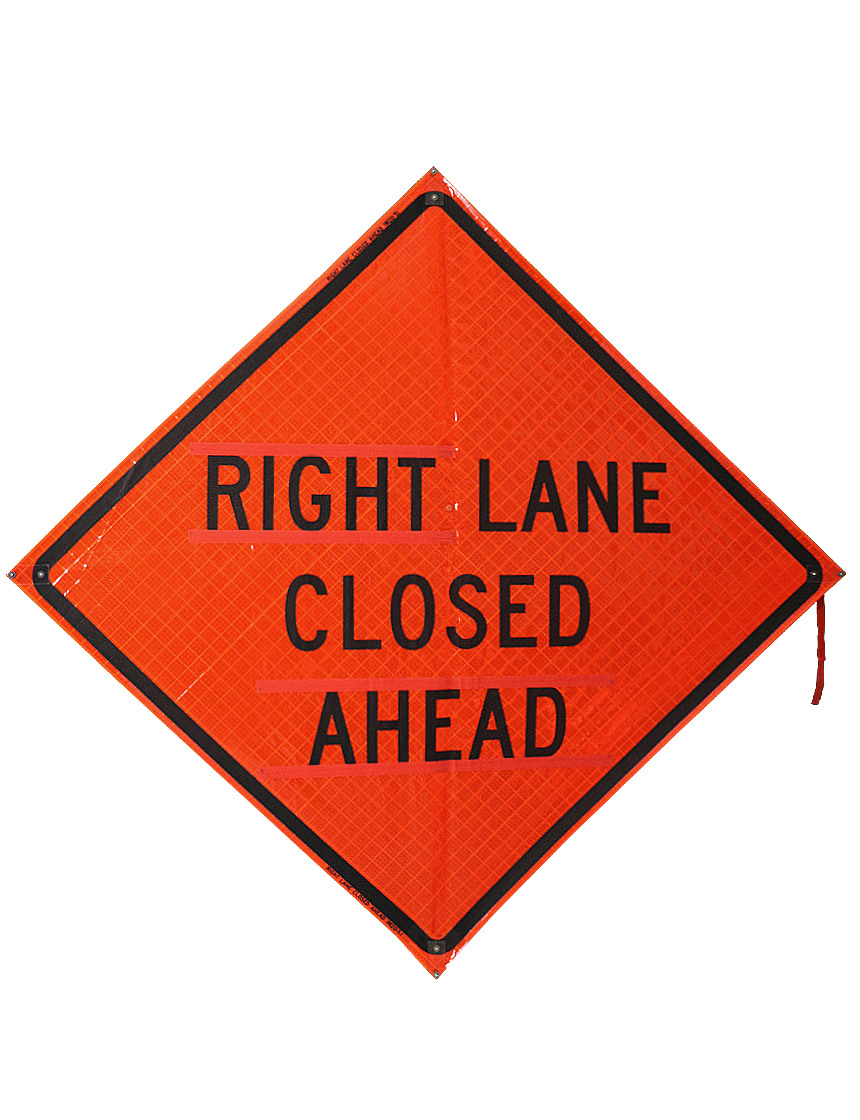 48\", Heavy Duty, Reflective Roll Up Sign w/ Velcro for Overlays, RIGHT LANE CLOSED AHEAD