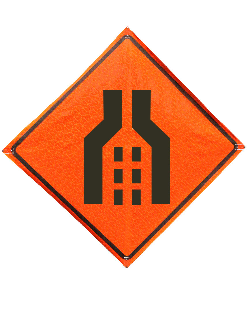 48\", Heavy Duty, Marathon Reflective Roll Up Sign, DOUBLE MERGE SYMBOL