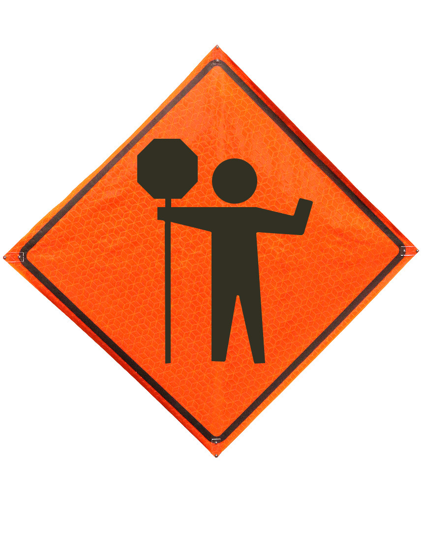 48\", Heavy Duty, Marathon Reflective Roll Up Sign, FLAGGER WITH PADDLE SYMBOL