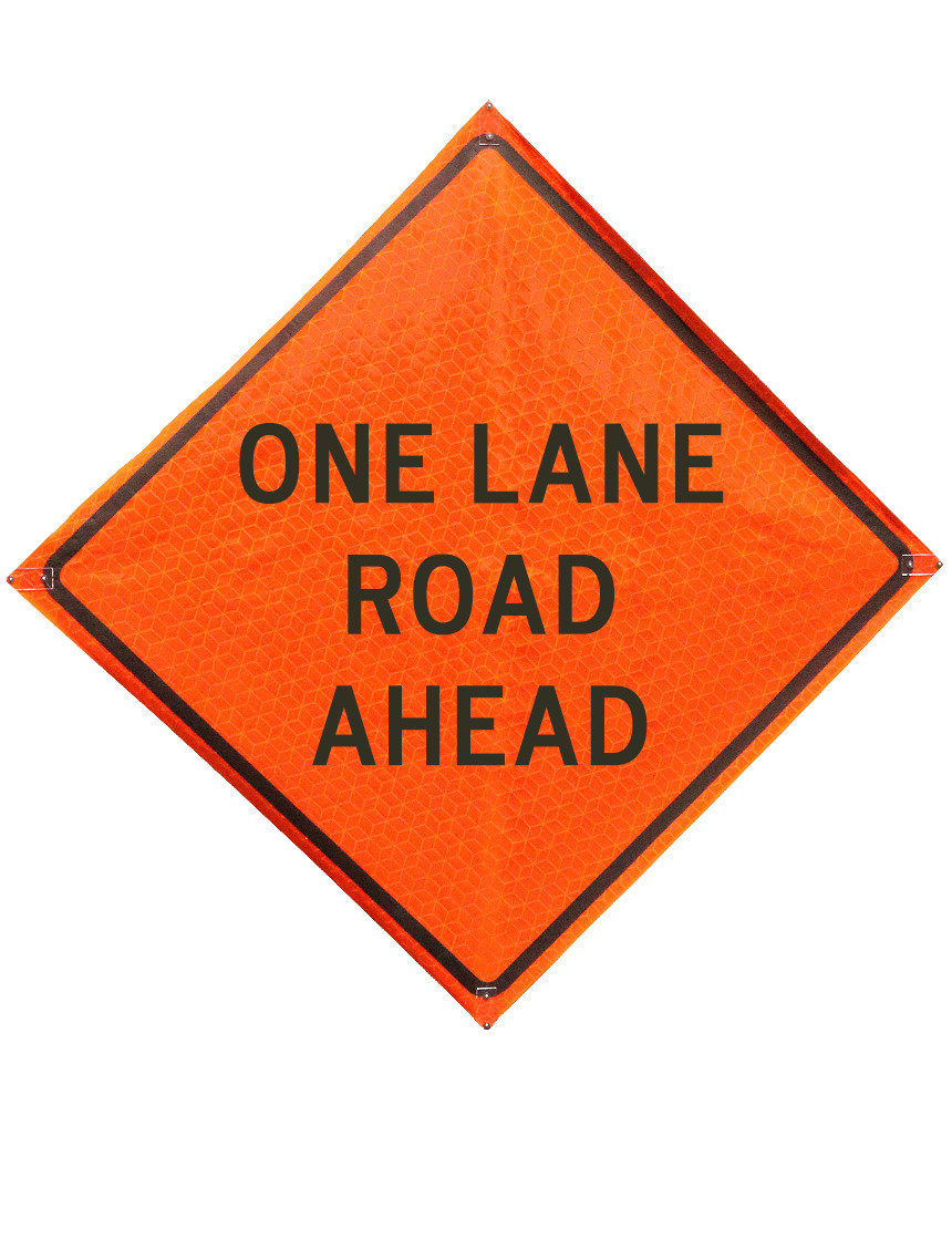 48\", Heavy Duty, Marathon Reflective Roll Up Sign, ONE LANE ROAD AHEAD
