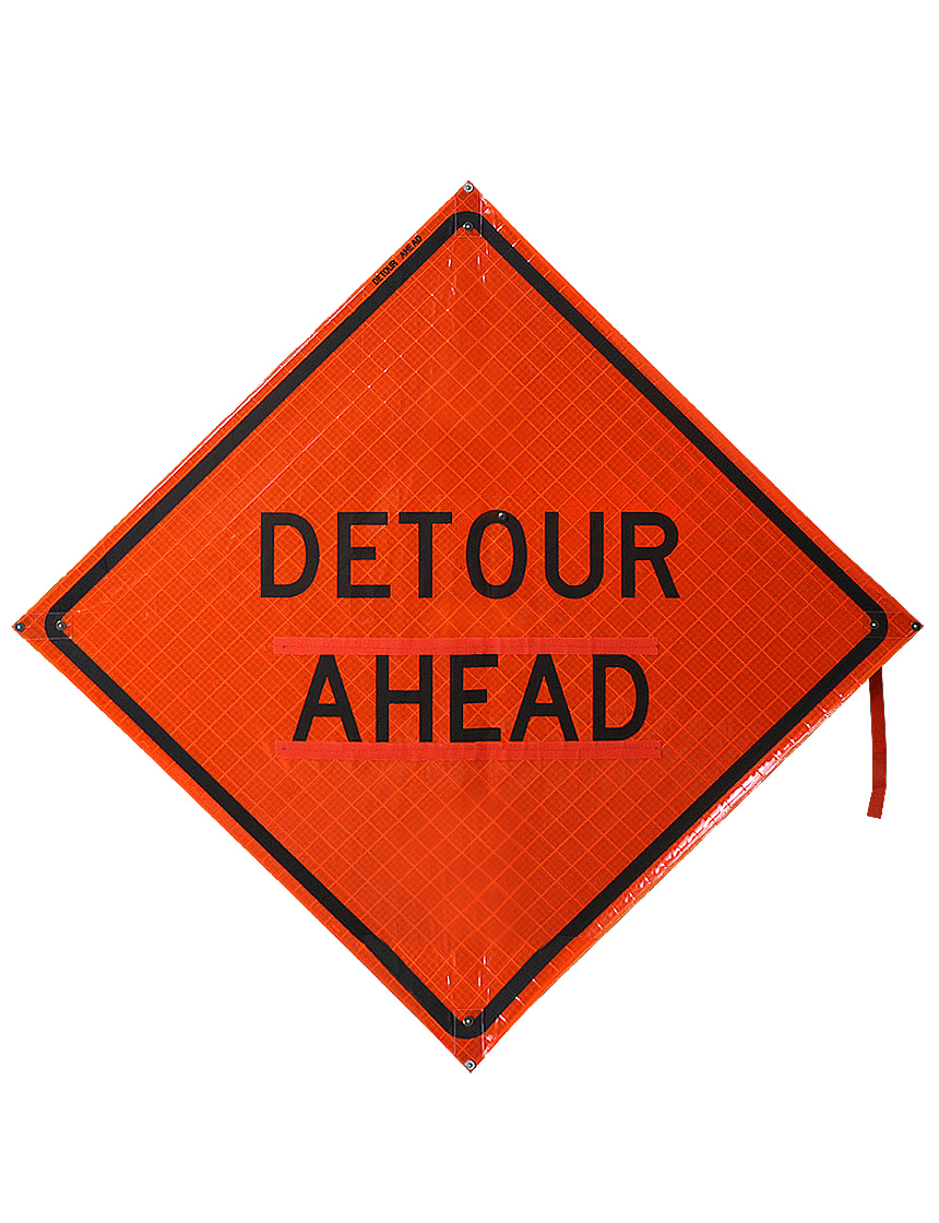 48\", Heavy Duty, Reflective Roll Up Sign w/ Velcro for Overlays, DETOUR AHEAD