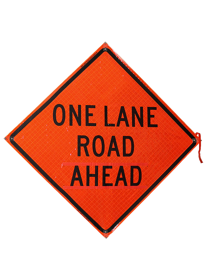 48\", Heavy Duty, Reflective Roll Up Sign w/ Velcro for Overlays, ONE LANE ROAD AHEAD