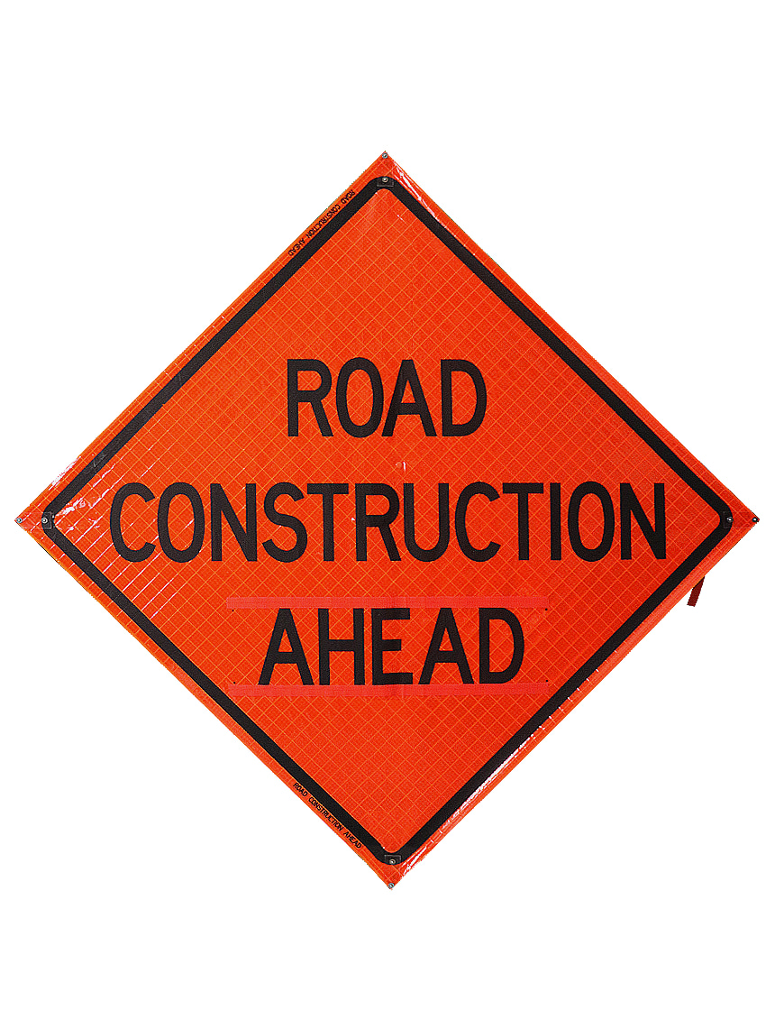48\", Heavy Duty, Reflective Roll Up Sign w/ Velcro for Overlays, ROAD CONSTRUCTION AHEAD