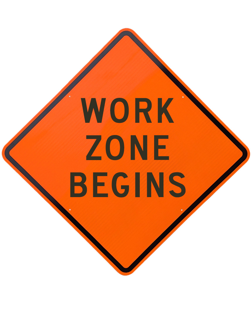 48\", Aluminum, Diamond Grade Reflective Sign, WORK ZONE BEGINS