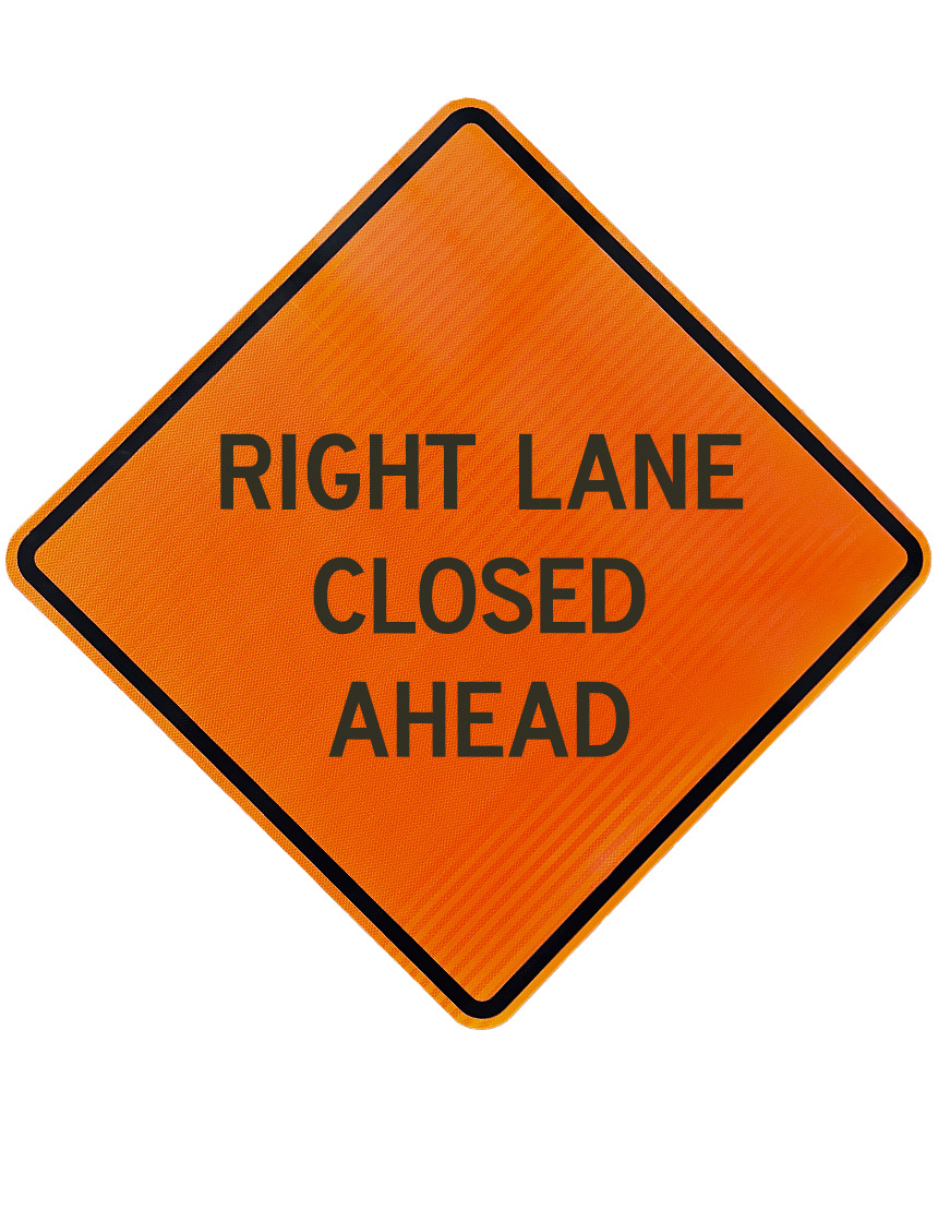 48\", Aluminum, High Intensity Reflective Sign, RIGHT LANE CLOSED AHEAD