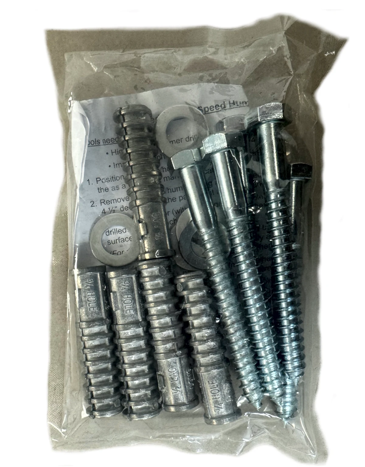 Bag of Four (4) 5\" x 1/2\" Lag Bolts, Anchors \u0026 Washers per Bag for Speed Bump Installation
